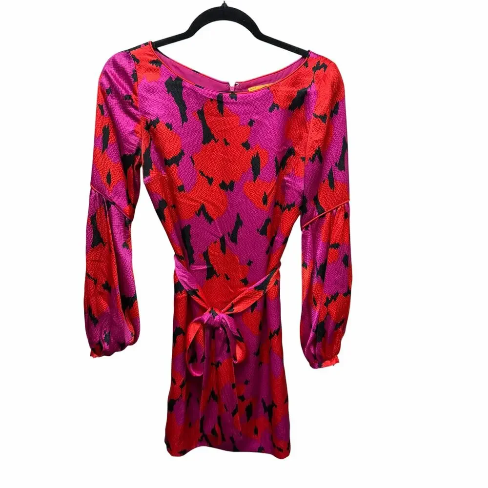 Tory Burch Pure Silk Pink Red Black Belted Tie Waist Mini Dress Size 2 Preppy